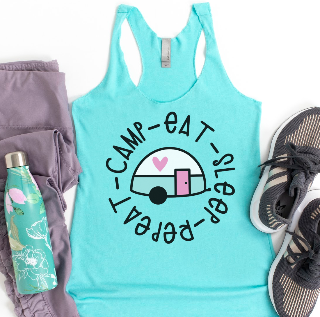 Camp Eat Sleep Repeat Cut Files with Cute Vintage Trailer SVG Cut File and PNG