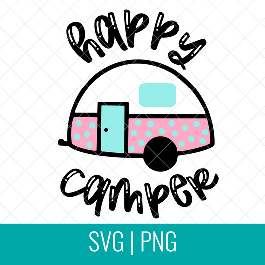 Happy Camper with Cute Vintage Trailer SVG Cut File and PNG