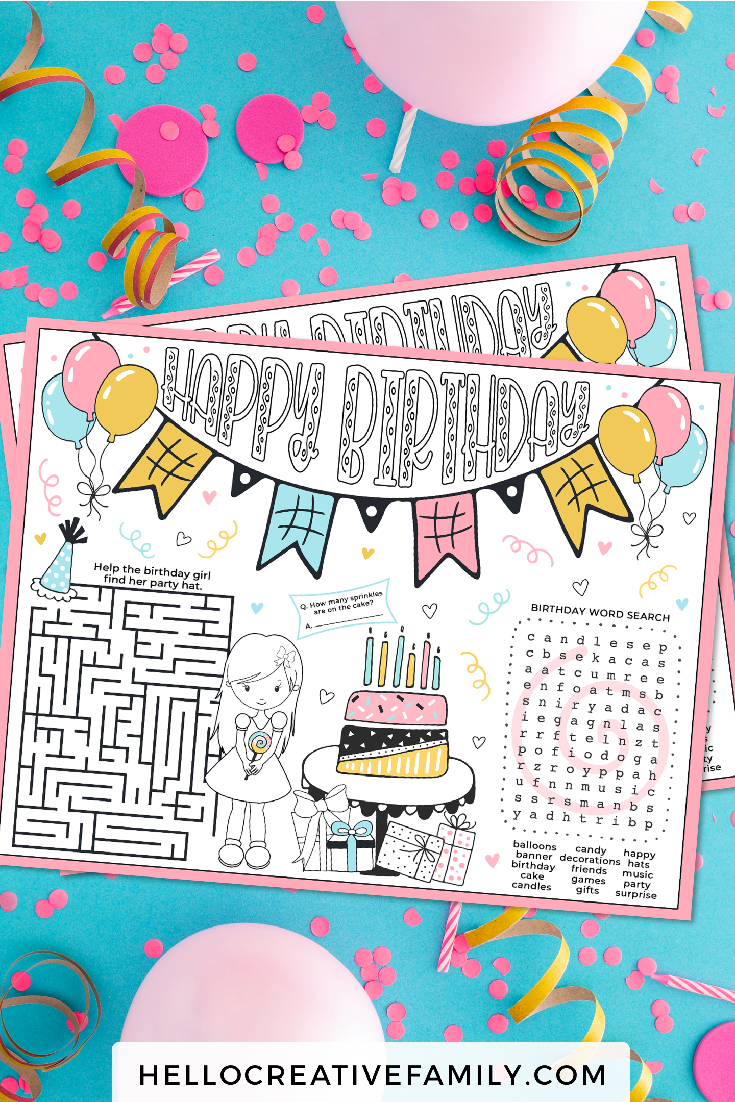 Birthday Activity Placemat Printable (Child With Long Hair And Dress)