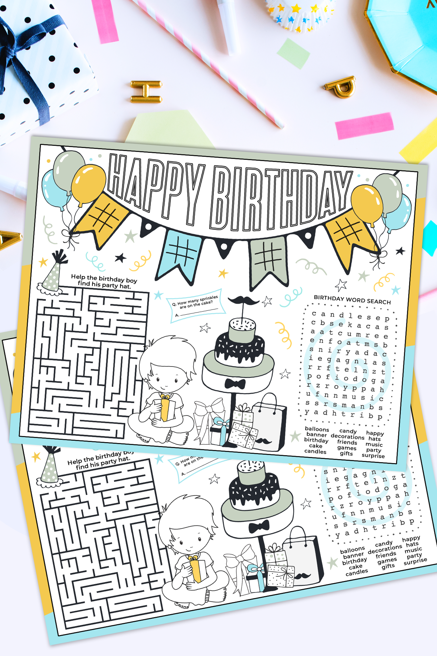 Birthday Activity Sheet Printable (Child With Short Hair and Pants)