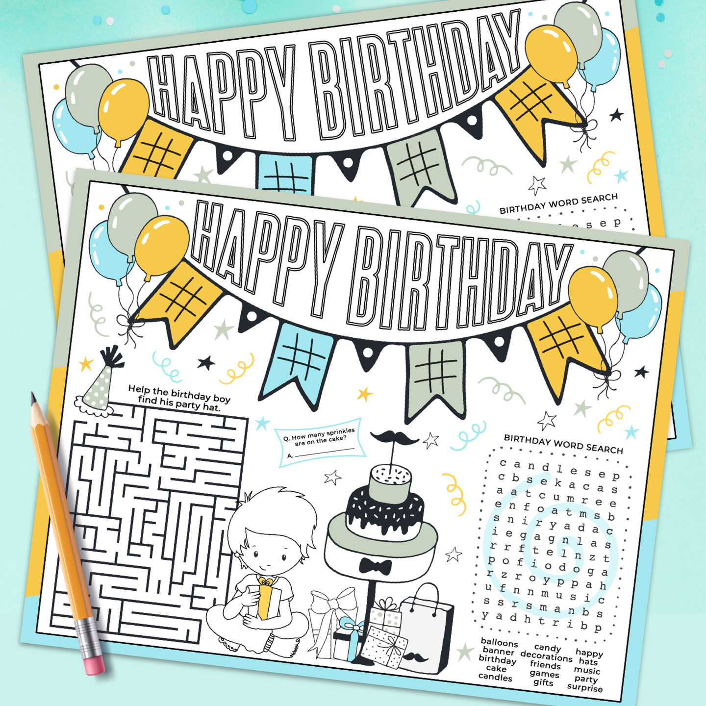 Birthday Activity Sheet Printable (Child With Short Hair and Pants)
