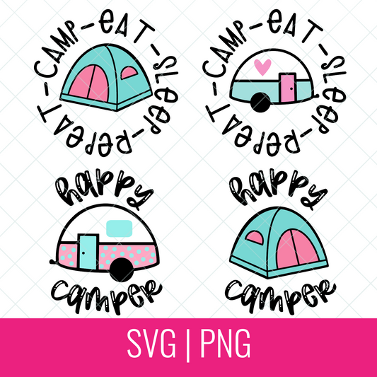 Cute Camping Bundle With Vintage Trailers and Tents SVG Cut File and PNG