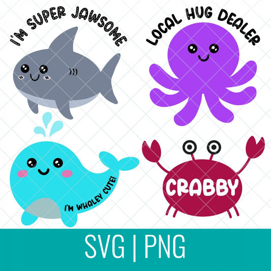 Cute Kawaii Ocean Animals Bundle SVG Cut File and PNG