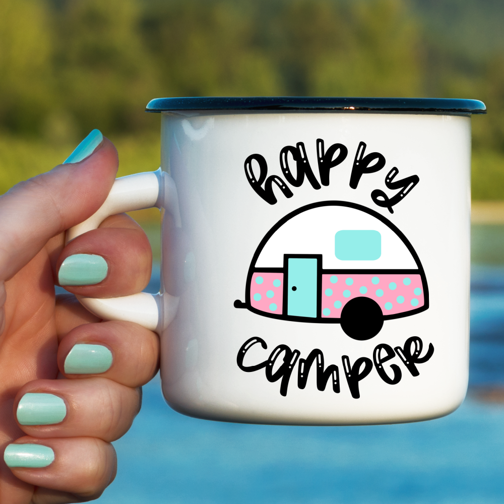 Happy Camper with Cute Vintage Trailer SVG Cut File and PNG