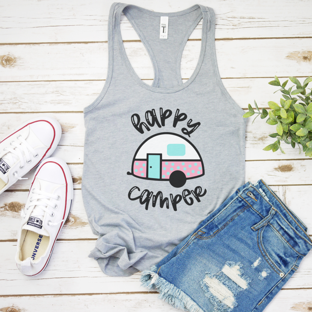 Happy Camper with Cute Vintage Trailer SVG Cut File and PNG