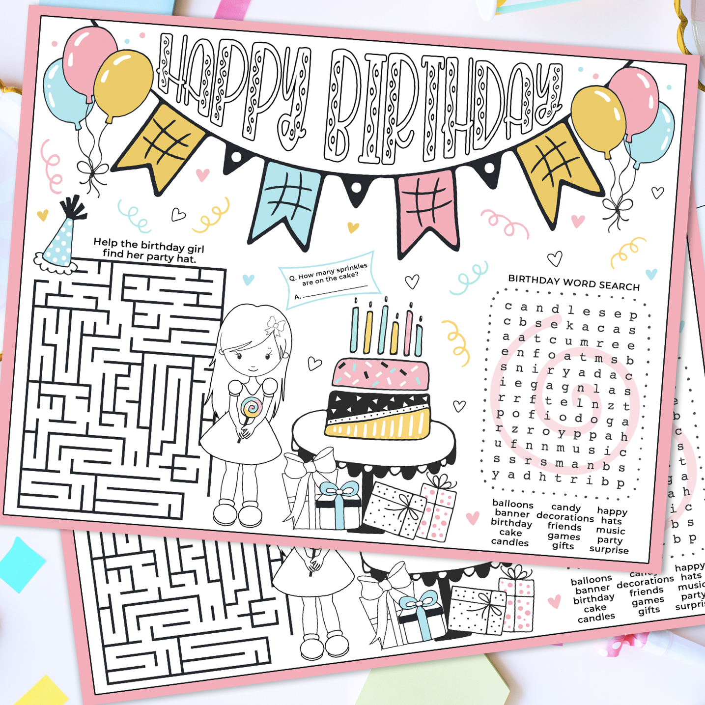 Birthday Activity Placemat Printable (Child With Long Hair And Dress)